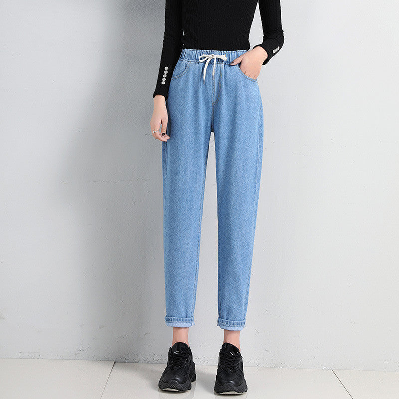 Sarah Express Women's High Waist Straight Leg Cropped Denim Jeans Elastic Waist