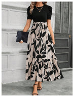 Sarah Express Women's Floral Print Maxi Dress Round Neck Short Sleeve A-Line Vacation