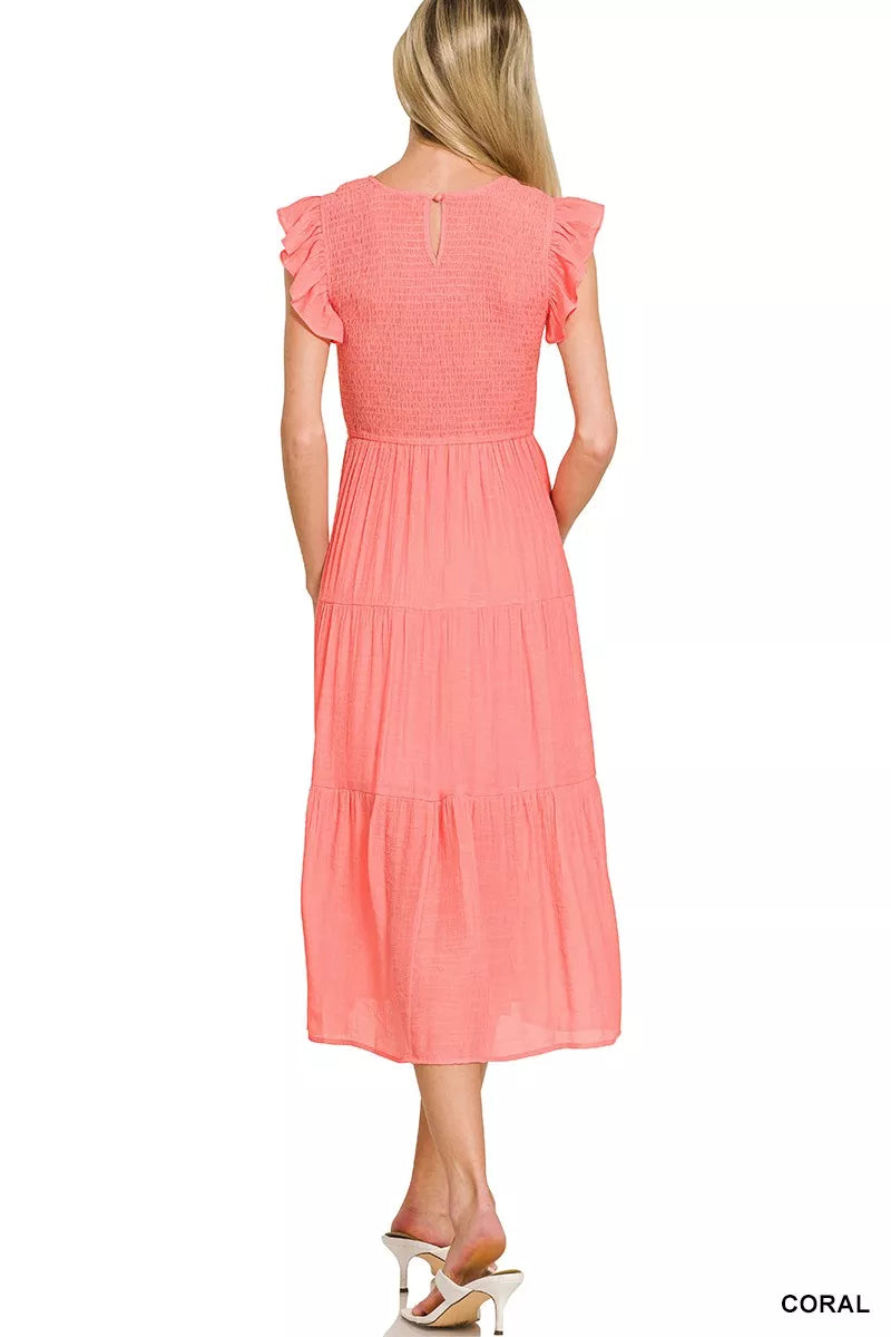Sarah Express Women's Woven Smocked Ruffle Sleeve Midi Dress