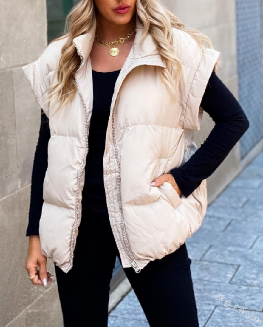 Sarah Express Cotton Padded Puffer Vest Stand Collar Zipper Pockets Sleeveless