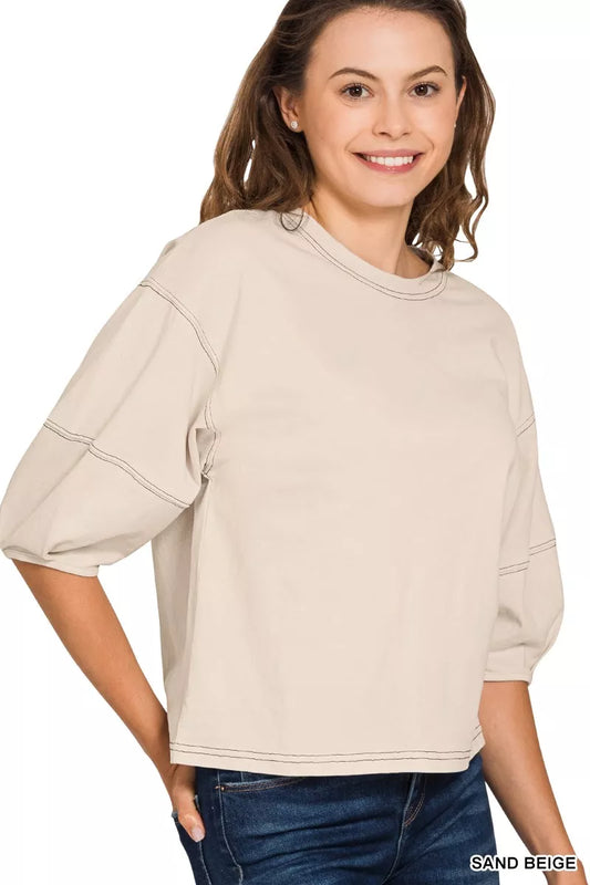 Sarah Express Women's Balloon Sleeve Top with Contrast Stitching - Trendy Statement Blouse SAND BEIGE
