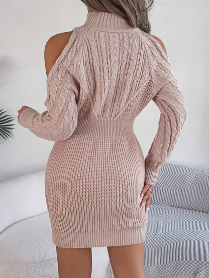 Sarah Express Women's Off-Shoulder Cable Knit Sweater Dress - Bodycon Turtleneck Lantern Sleeve Dress