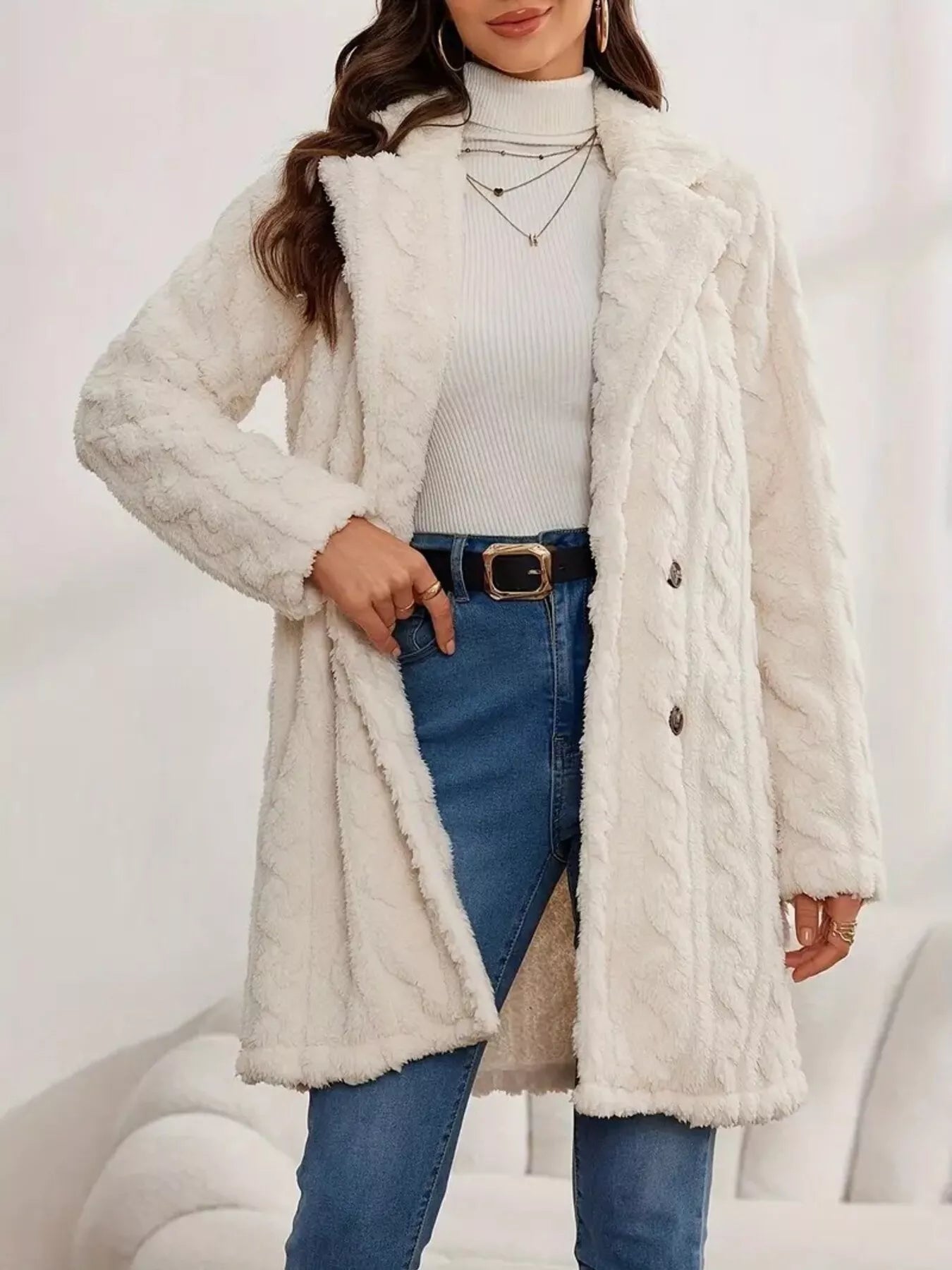 Sarah Express Women's Double-Breasted Fleece Longline Coat