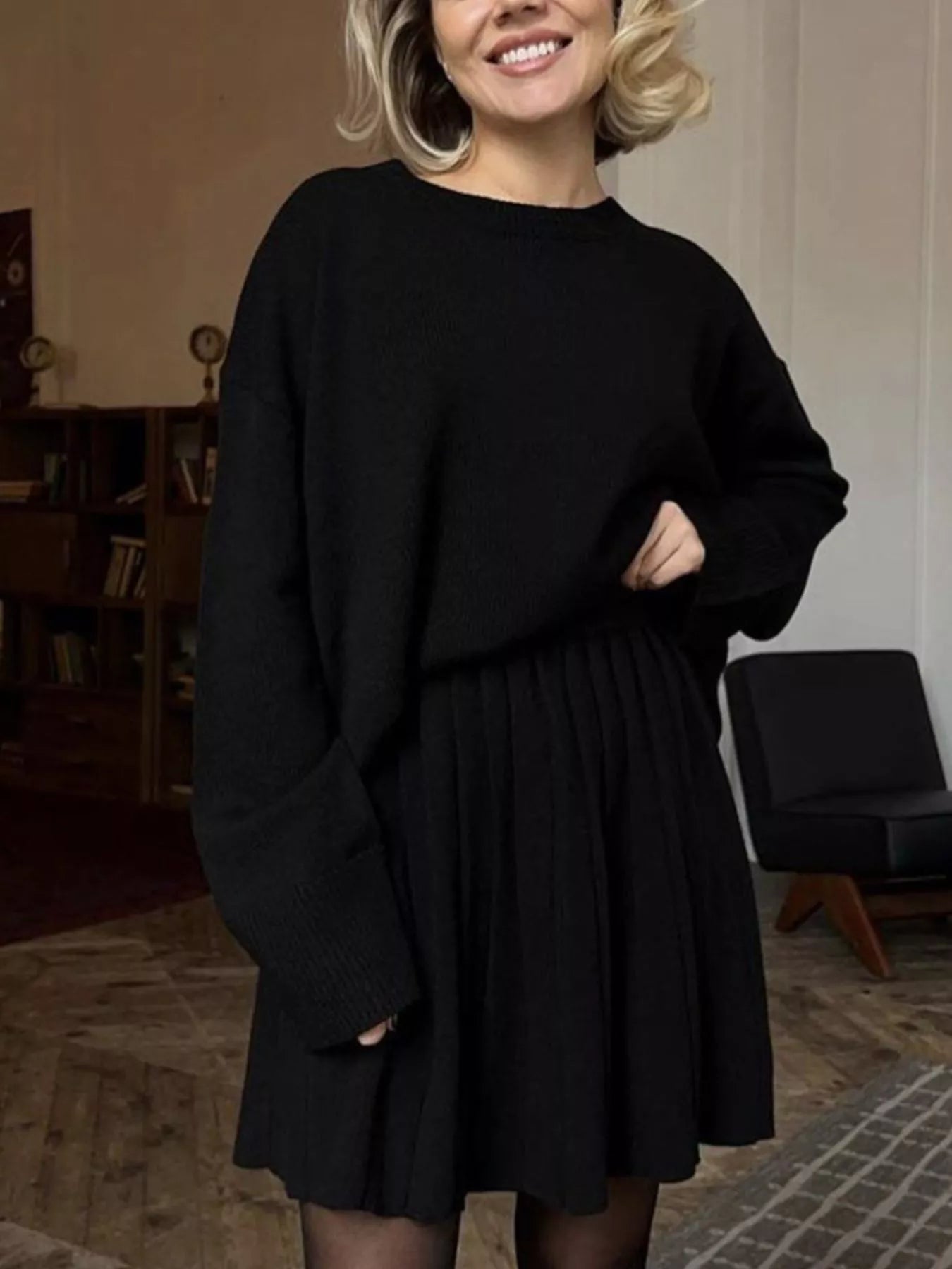 Sarah Express Women's Round Neck Top and Pleated Skirt Sweater Set