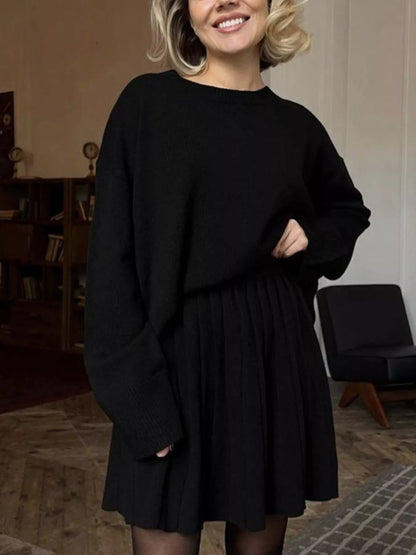 Sarah Express Women's Round Neck Top and Pleated Skirt Sweater Set