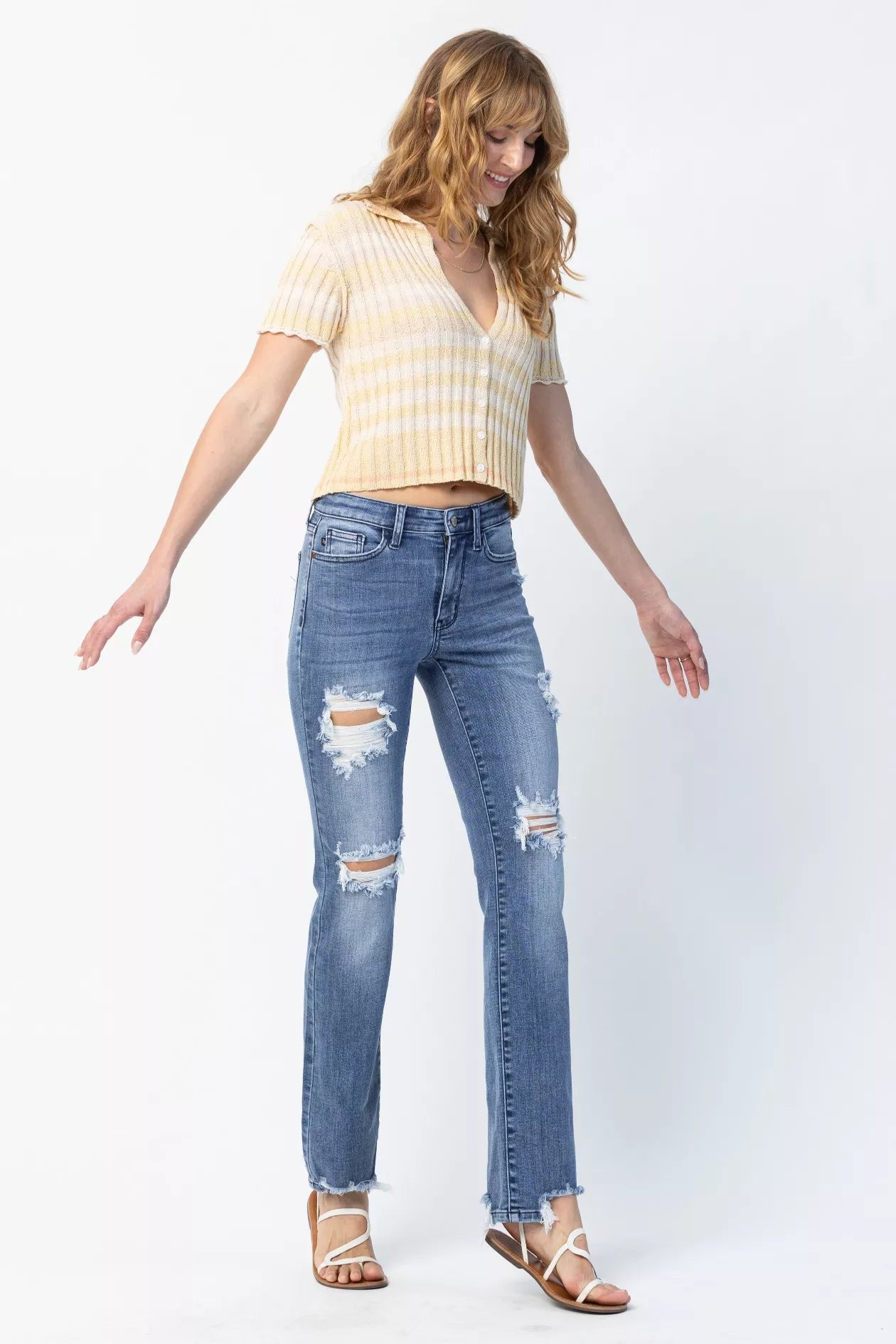 Sarah Express Women’s Plus Size Distressed Mid Rise Straight Jeans
