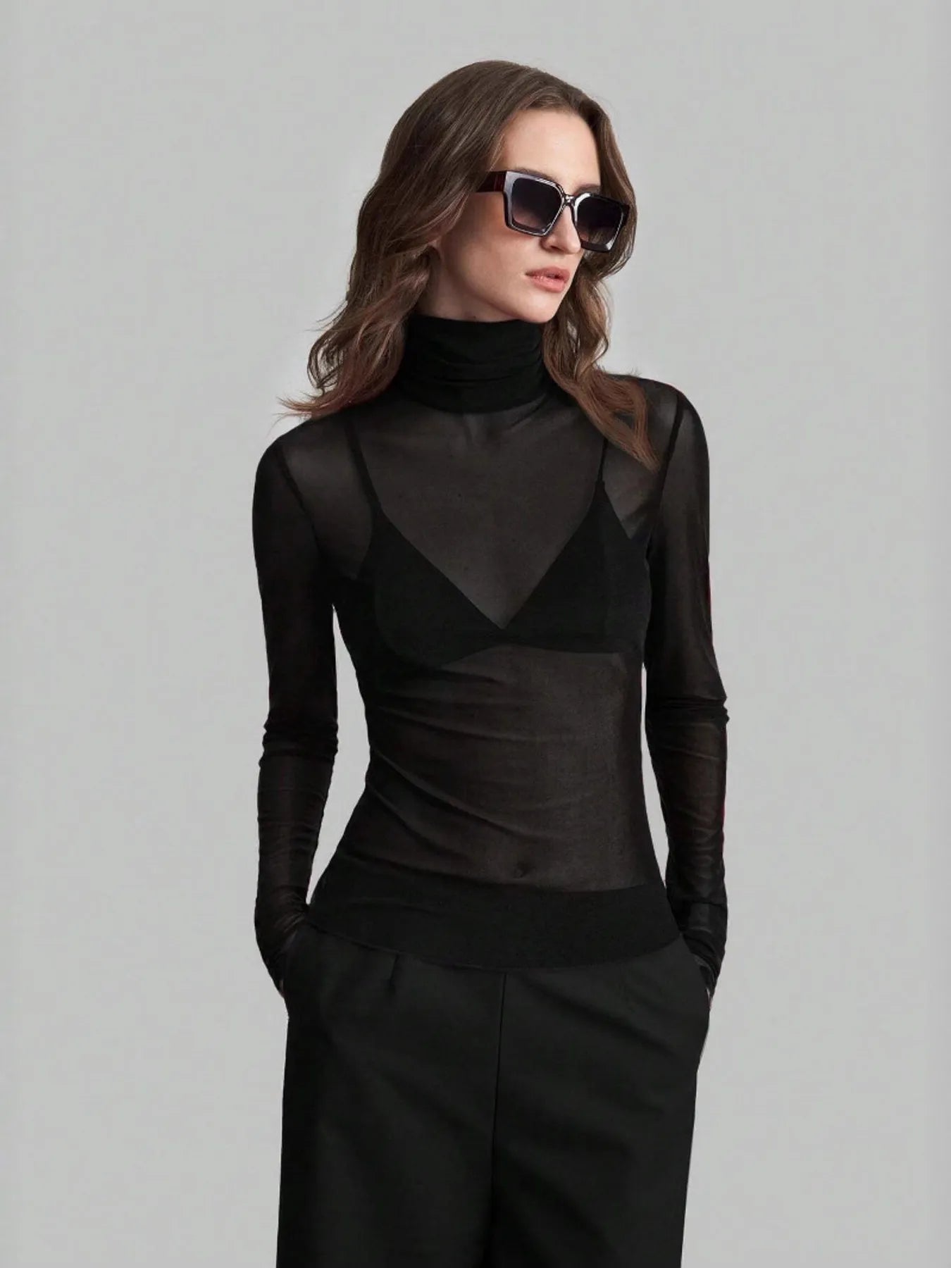 Sarah Express Women's Sheer Turtleneck Long Sleeve Top Black