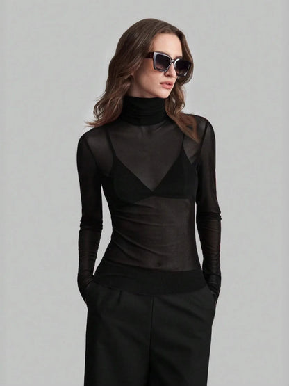 Sarah Express Women's Sheer Turtleneck Long Sleeve Top Black