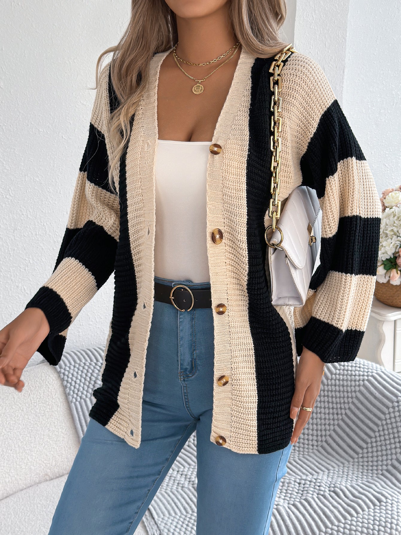 Sarah Express Women's Color Block Stripe Cardigan Sweater with Bell Sleeves - Long Sleeve Knit Coat