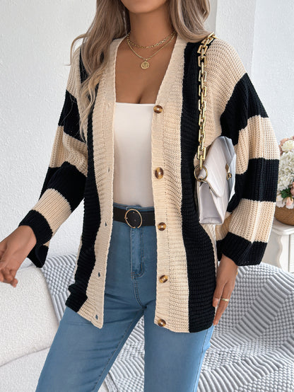 Sarah Express Women's Color Block Stripe Cardigan Sweater with Bell Sleeves - Long Sleeve Knit Coat