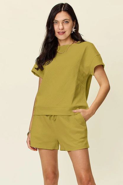 Sarah Express Women's Textured Short Sleeve T-Shirt and Drawstring Shorts Set Chartreuse