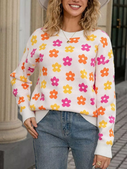 Sarah Express Women's Floral Crew Neck Sweater - Acrylic Knit Pullover