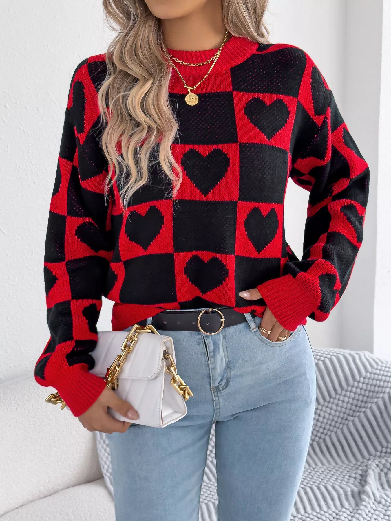 Sarah Express Women's Heart Checkerboard Pattern Round Neck Sweater