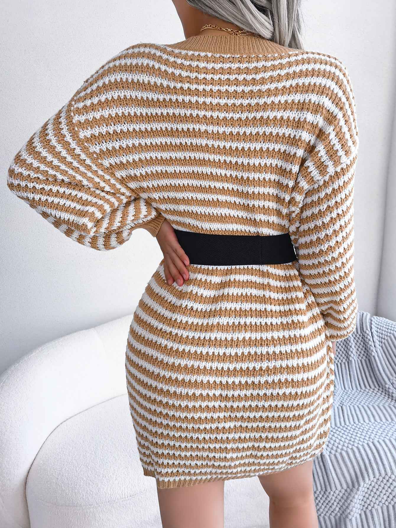 Sarah Express Women's Striped Lace-Up Knitted Dress - Long Sleeve Ribbed Sweater Dress