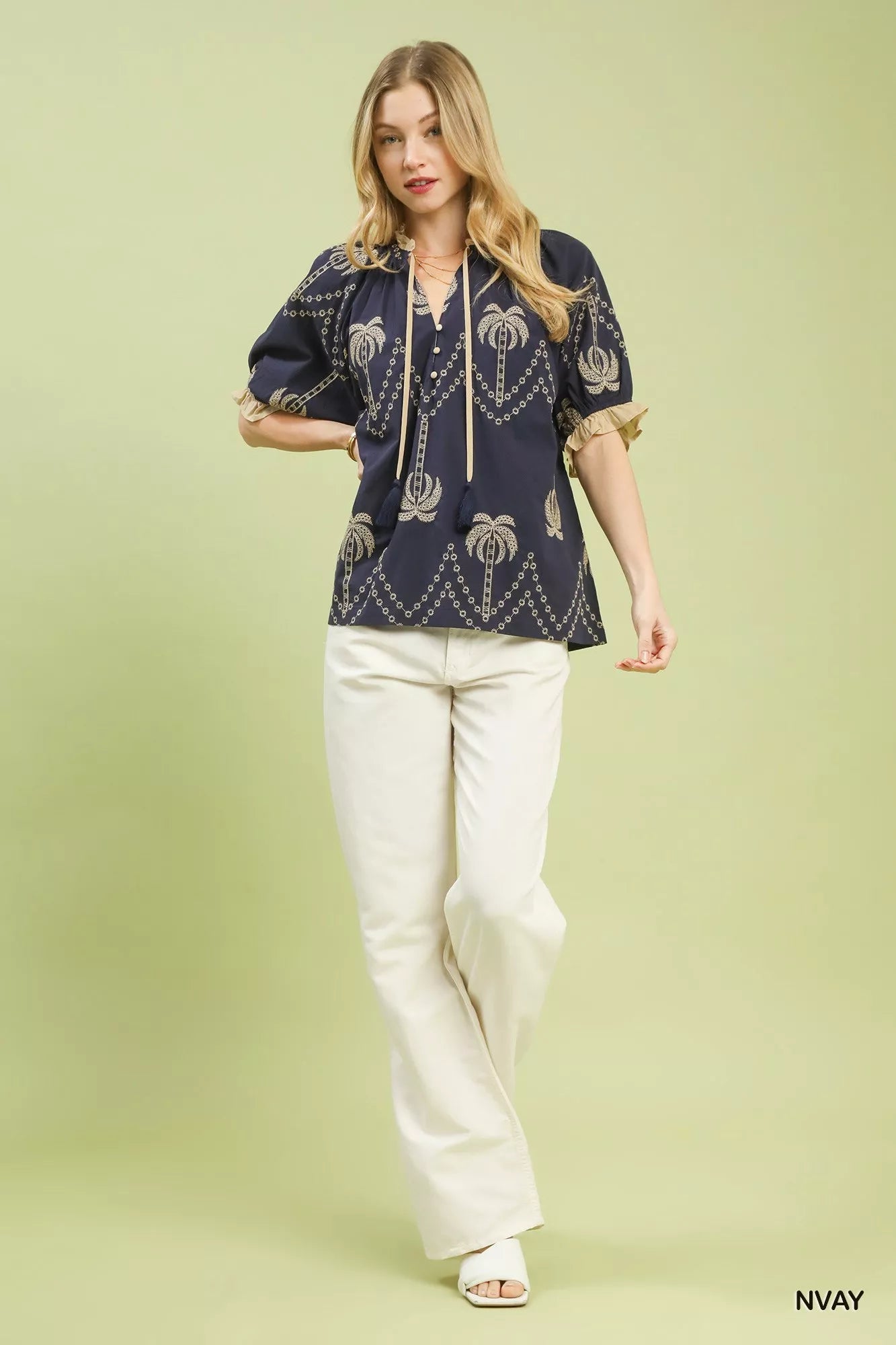 Sarah Express Women's Embroidered Palm Print Tassel Tie Blouse - Short Sleeve Tropical Summer Top