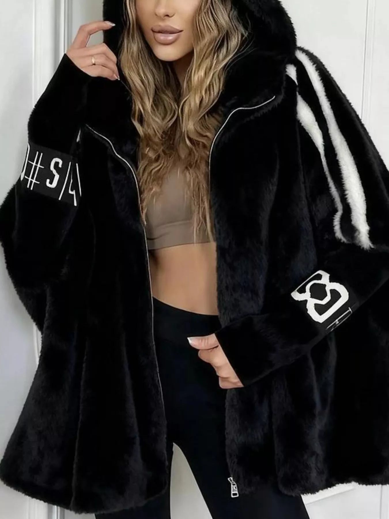 Sarah Express Women's Hooded Faux Fur Striped Trim Outerwear Jacket