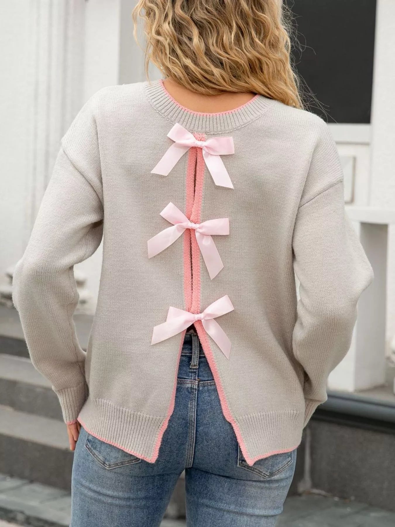 Sarah Express Women's Bow-Back Round Neck Sweater - Elegant Knit Pullover Grey