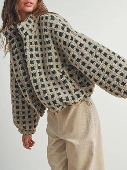 Sarah Express Women's Plaid Sherpa Jacket - Zip Up Fleece Lined Coat with Drawstring