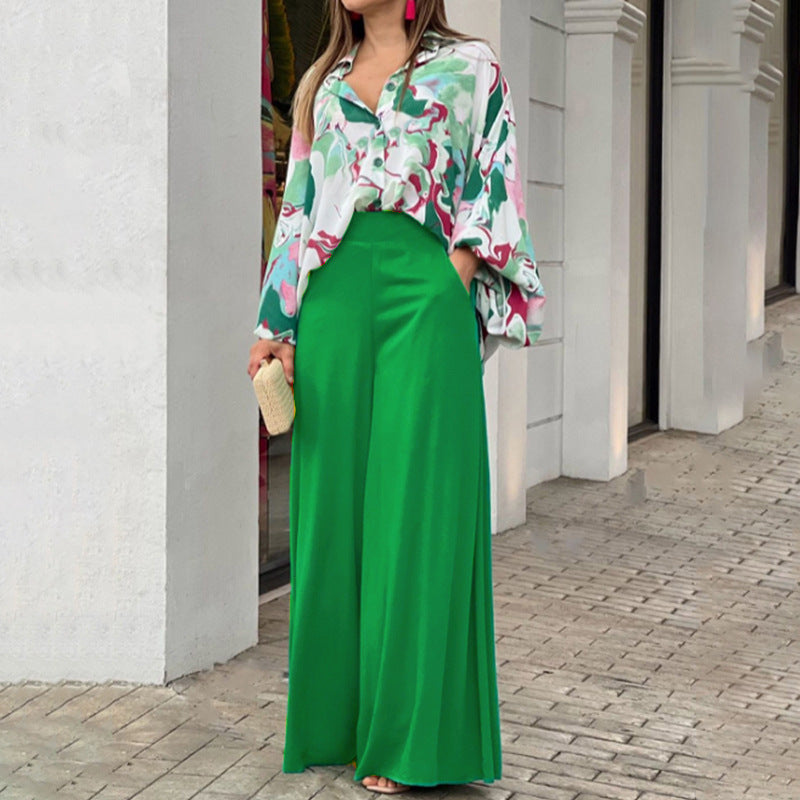 Sarah Express Women's Printed Shirt Wide Leg Pants Set Long Sleeve