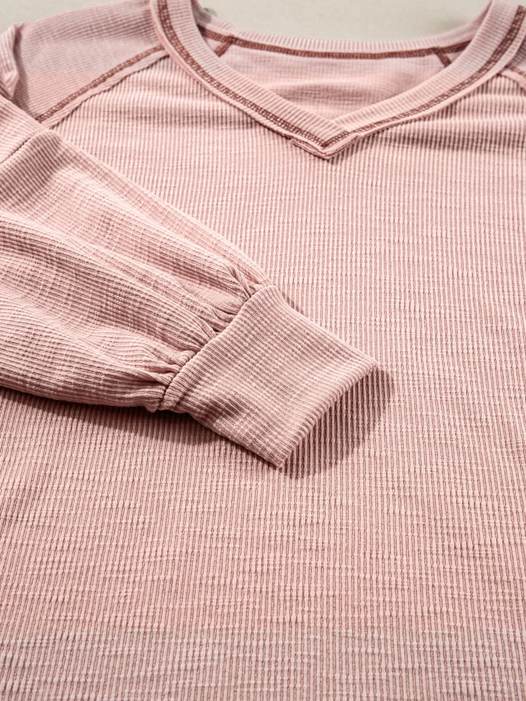 Sarah Express Women's Exposed Seam Ribbed Knit V Neck Top