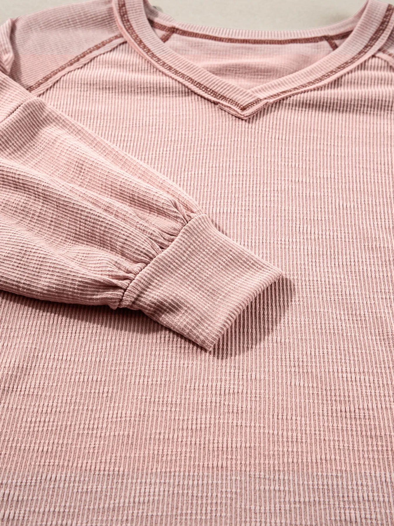 Sarah Express Women's Exposed Seam Ribbed Knit V Neck Top