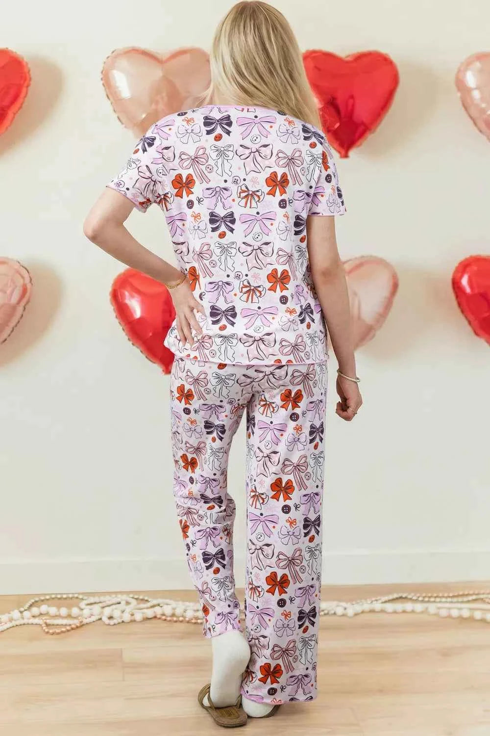 Sarah Express Women's Bow Print Short Sleeve Pajama Set - Button Front Shirt & Pants Sleepwear