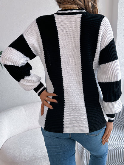 Sarah Express Women's Color Block Stripe Lantern Sleeve Pullover Sweater