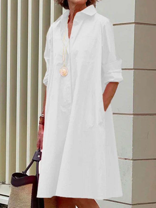 Sarah Express Women's Polo Collar Shirt Dress Long Sleeve Mid Length Cotton Blend Casual