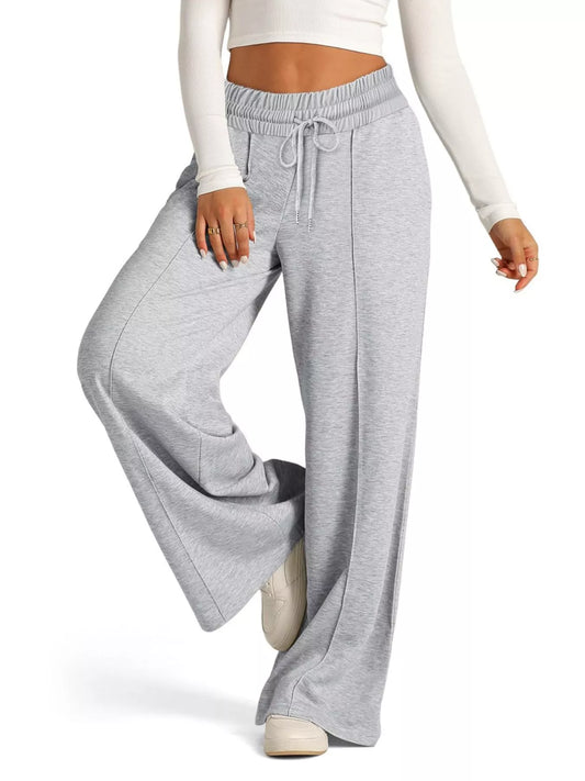 Sarah Express Women's Wide Leg Drawstring Pants - High Waist Palazzo Pants with Pockets Light Gray