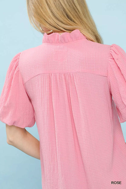 Sarah Express Women's Seersucker Puff Sleeve Blouse V-Neck Split Neckline Top