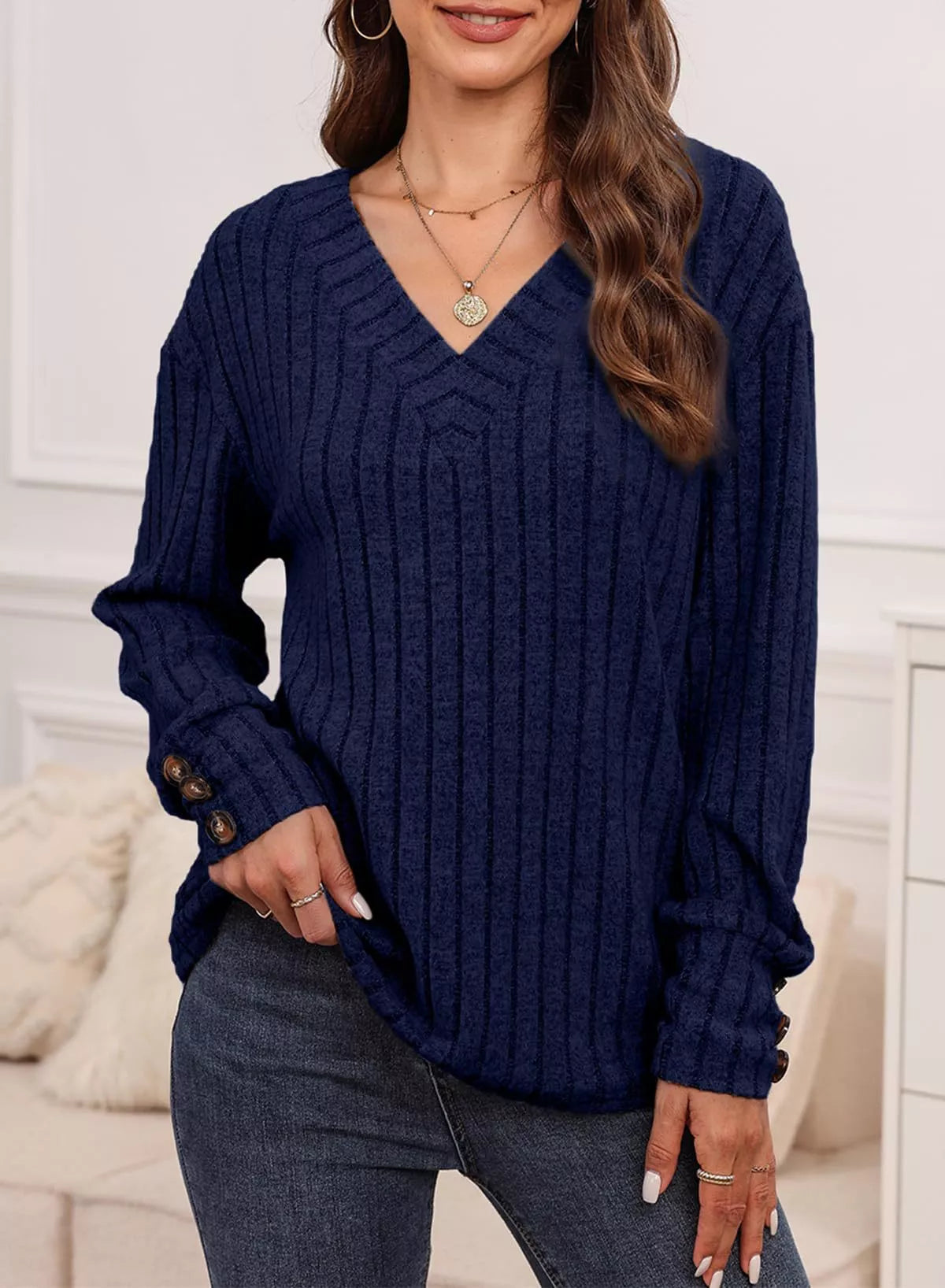 Sarah Express Women's Ribbed Knit V-Neck Top with Decorative Buttons Dark Blue