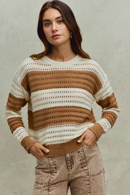 Sarah Express Women's Openwork Round Neck Wide Stripe Textured Sweater CREAM TAUPE