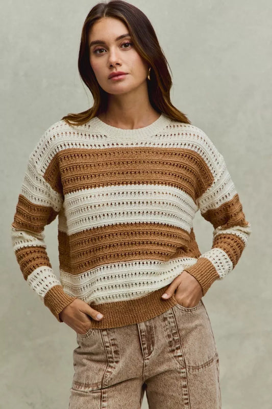Sarah Express Women's Openwork Round Neck Wide Stripe Textured Sweater CREAM TAUPE