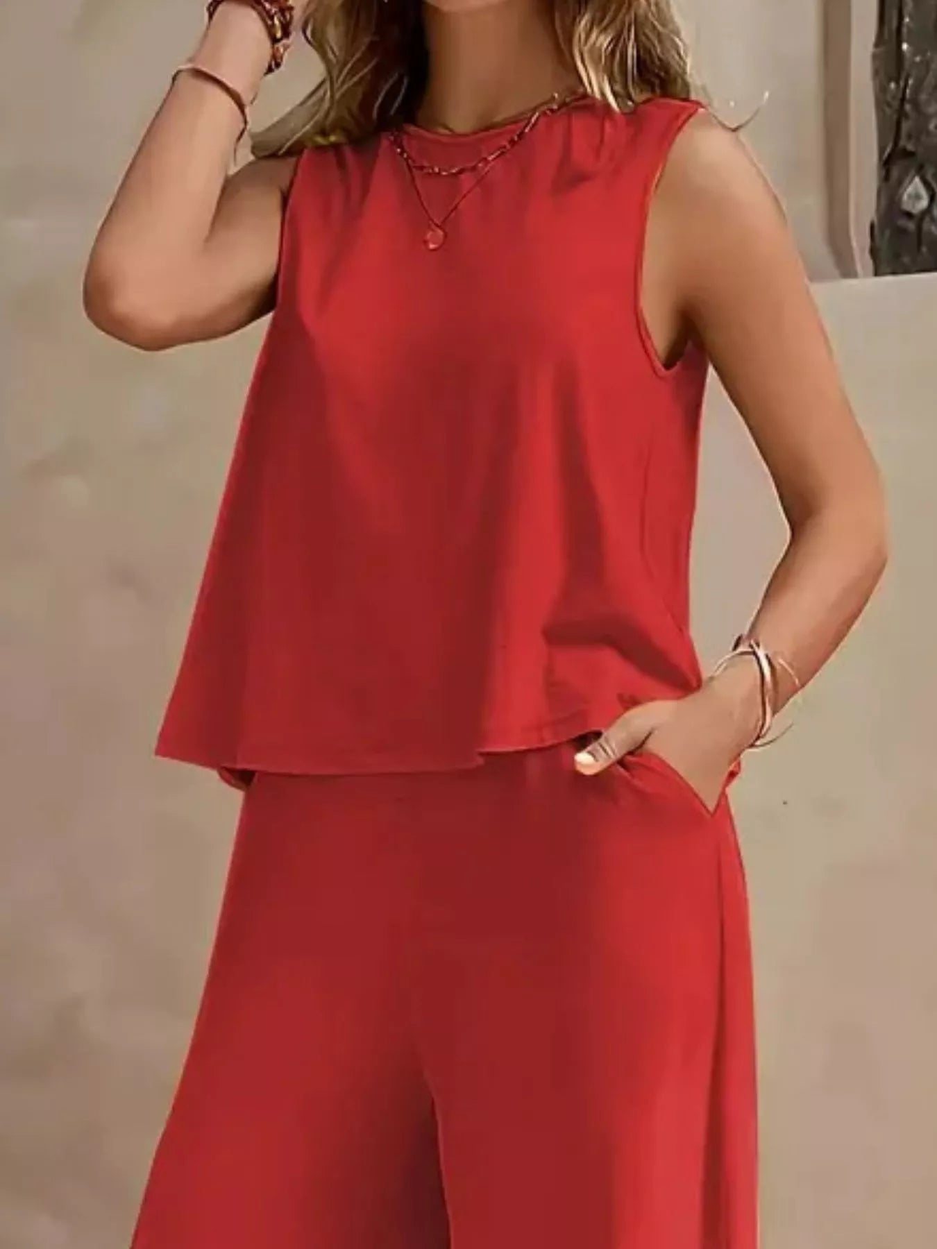 Sarah Express Women's Sleeveless Top and Wide Leg Pants Set