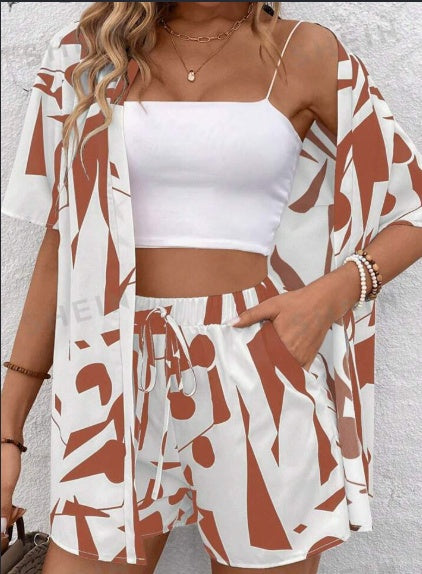 Women's Geometric Print Button-Up Top Shorts Two-Piece Set Color Block Short Sleeve
