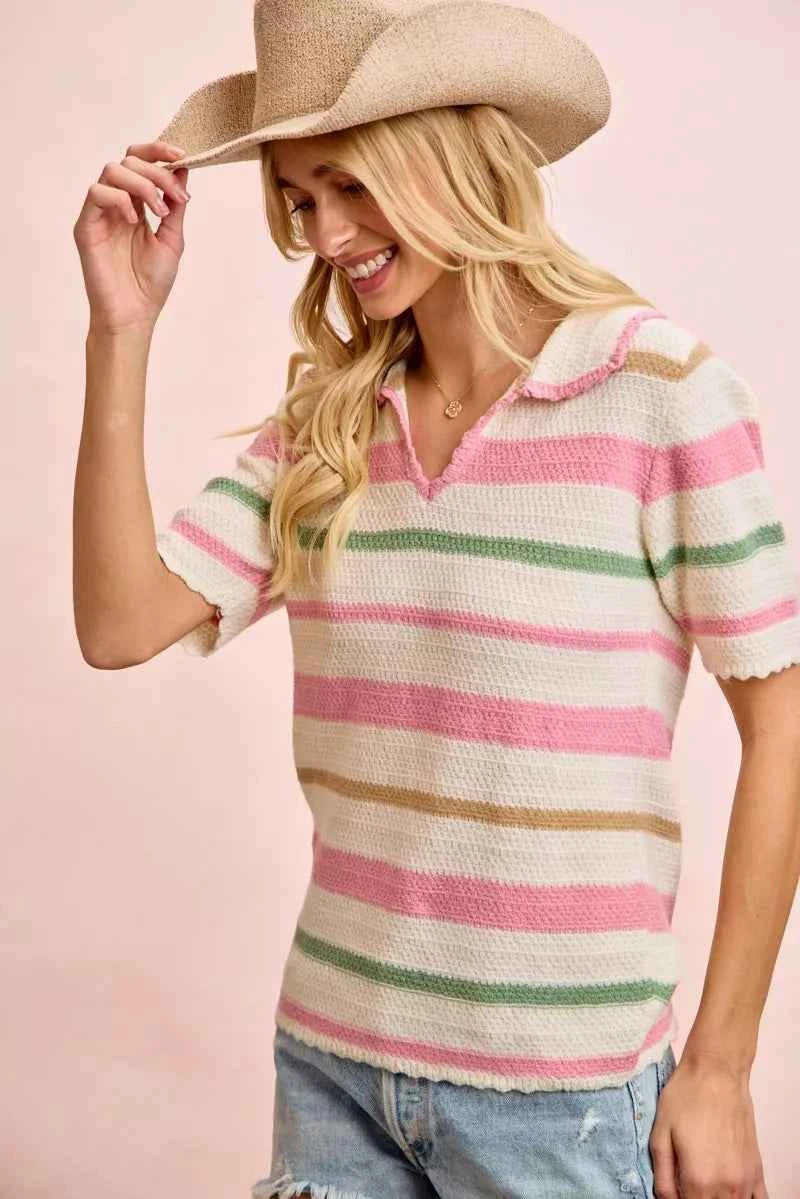Sarah Express Women's Multi Color Striped Collared Knit Top - Ribbed Preppy Sweater