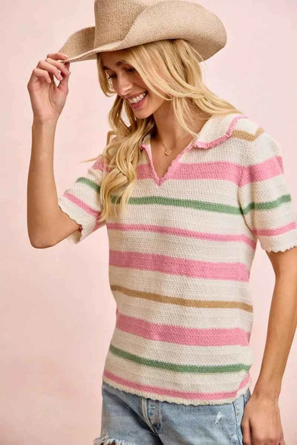 Sarah Express Women's Multi Color Striped Collared Knit Top - Ribbed Preppy Sweater