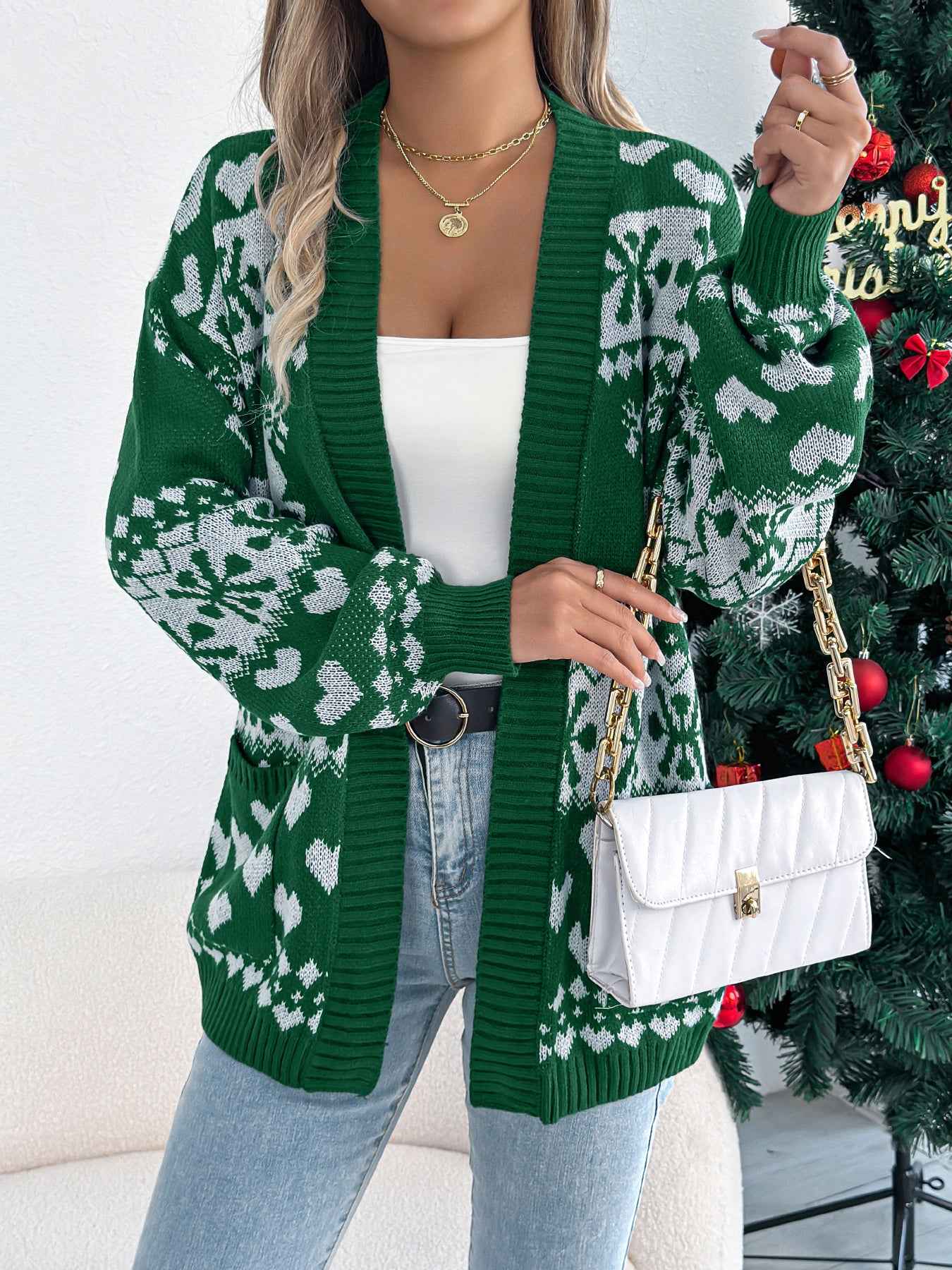 Sarah Express Women's Christmas Deer Pocket Cardigan Sweater Coat