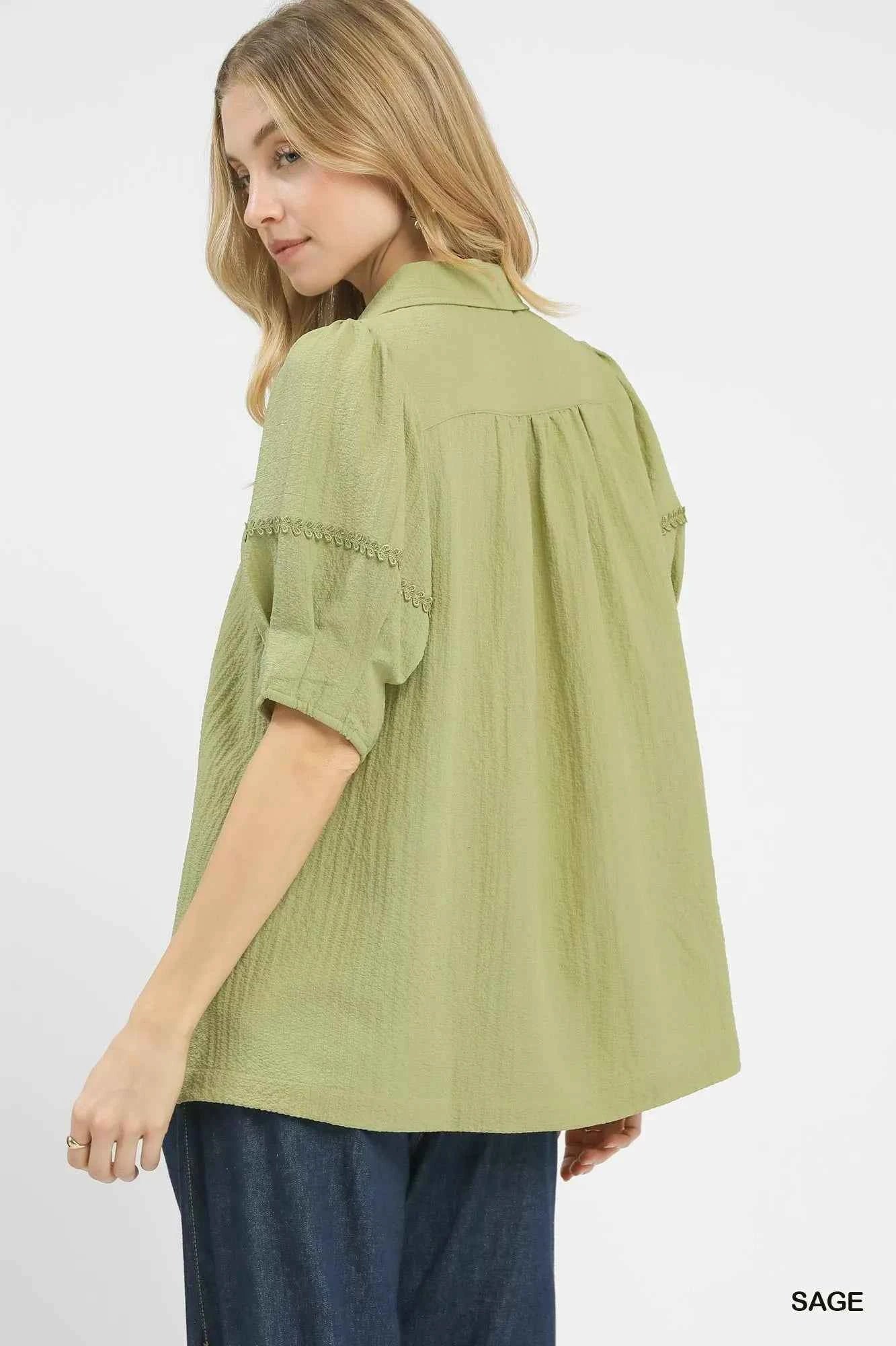 Sarah Express Women's Textured Puff Sleeve Top - Round Neck Blouse