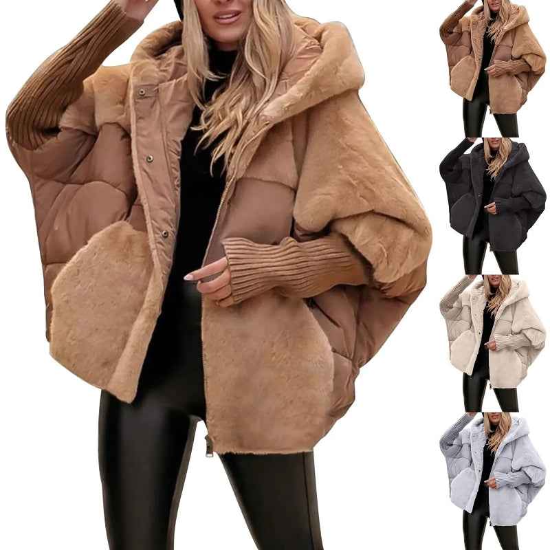 Sarah Express Women's Faux Fur Hooded Winter Coat - Loose Fit Cotton Patchwork Jacket