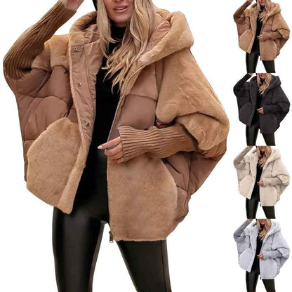 Sarah Express Women's Faux Fur Hooded Winter Coat - Loose Fit Cotton Patchwork Jacket