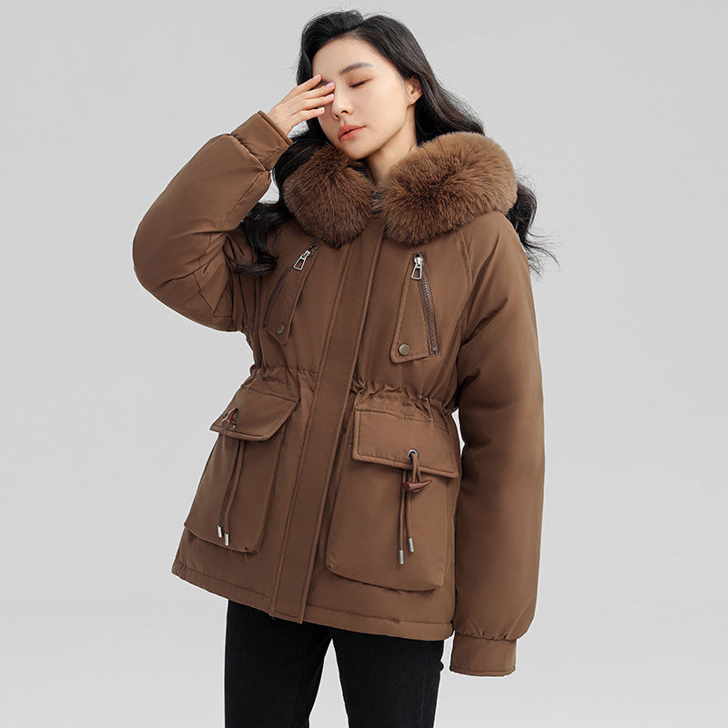 Sarah Express Women's Horn Button Parka Coat with Fur Collar Loose Fit Thick Winter Jacket