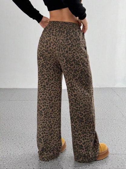 Sarah Express Women's Leopard Drawstring Wide Leg Pants