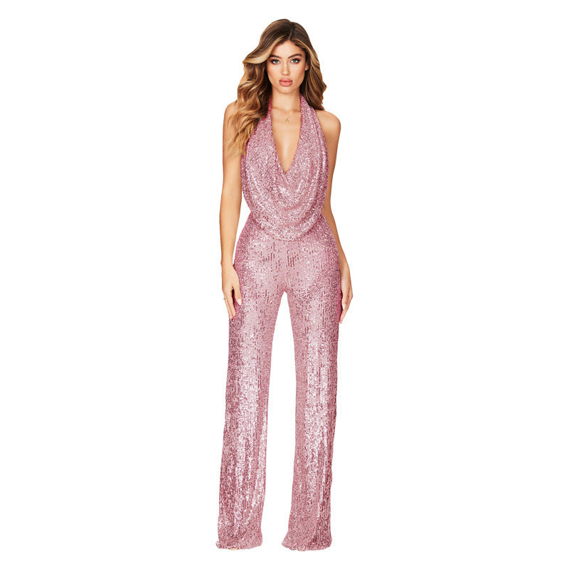 Sarah Express Women's Sequined Halter Jumpsuit Sleeveless Backless Wide Leg Summer Party Evening One-Piece