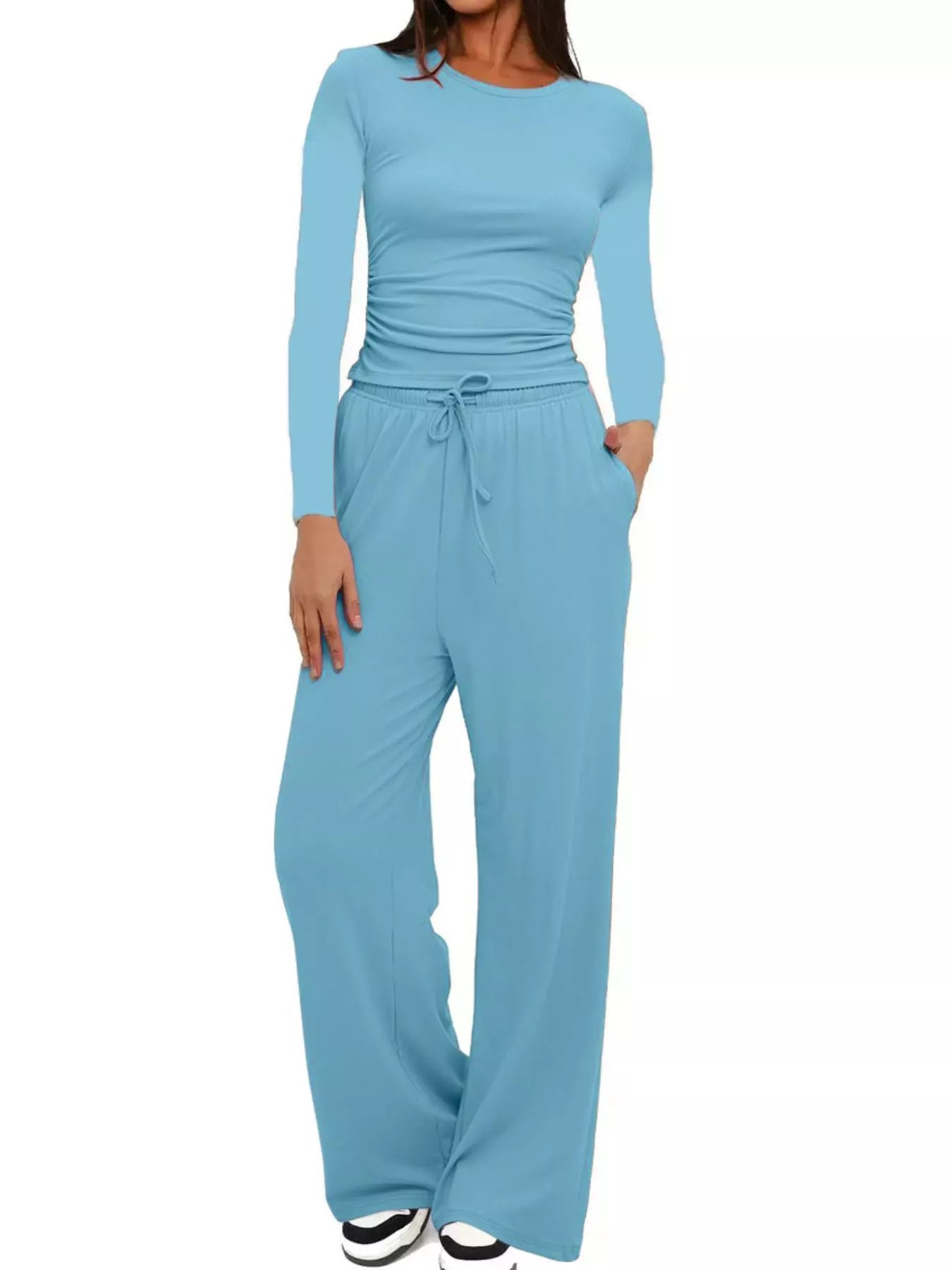 Sarah Express Women's Round Neck Long Sleeve Top and Pants Set Pastel Blue