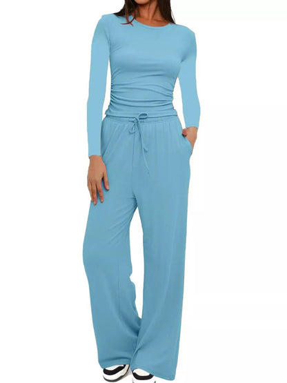 Sarah Express Women's Round Neck Long Sleeve Top and Pants Set Pastel Blue