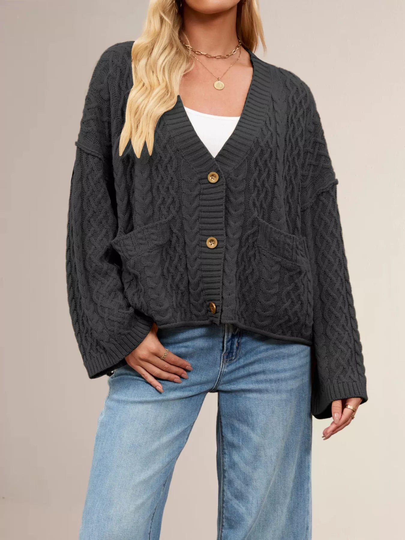 Sarah Express Women's Cable Knit Button-Down Cardigan Black