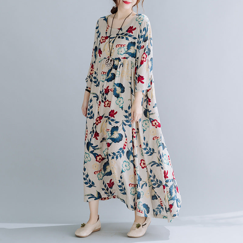Sarah Express Women's Plus Size Cotton Linen Print Dress Loose Oversized Short Sleeve Maxi