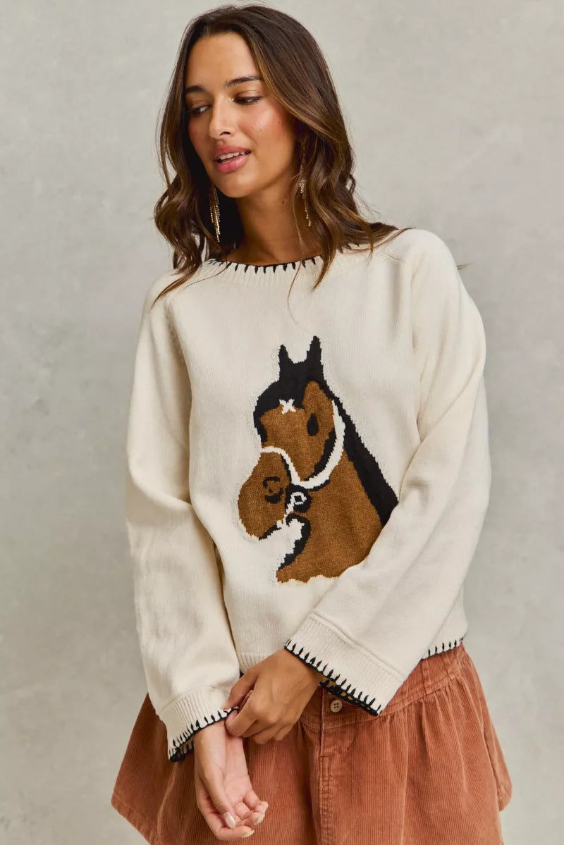 Sarah Express Women's Horse Knit Sweater Top - Cozy Blanket Stitch Pullover