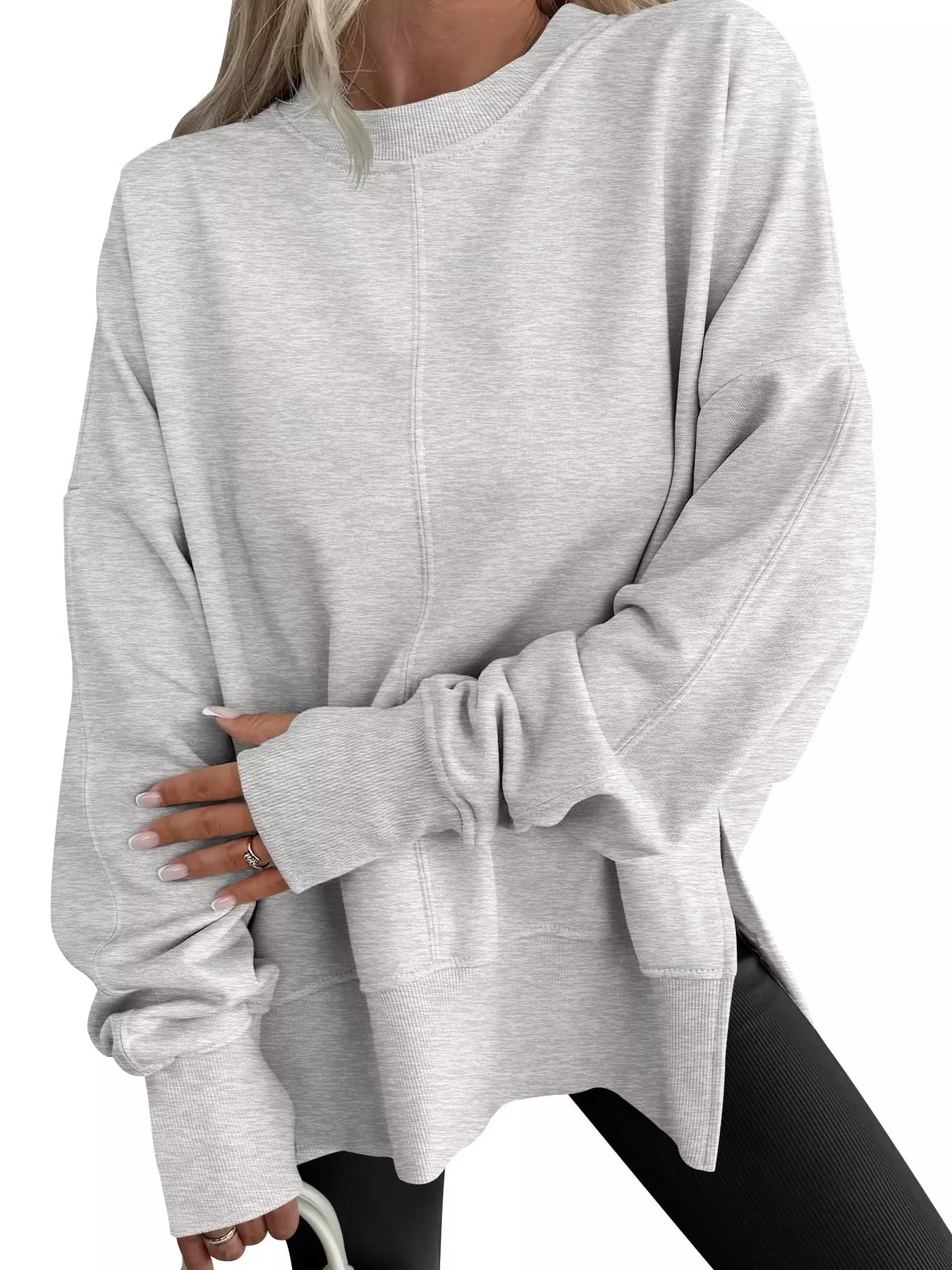 Sarah Express Women's Side Slit Round Neck Long Sleeve Sweatshirt Gray